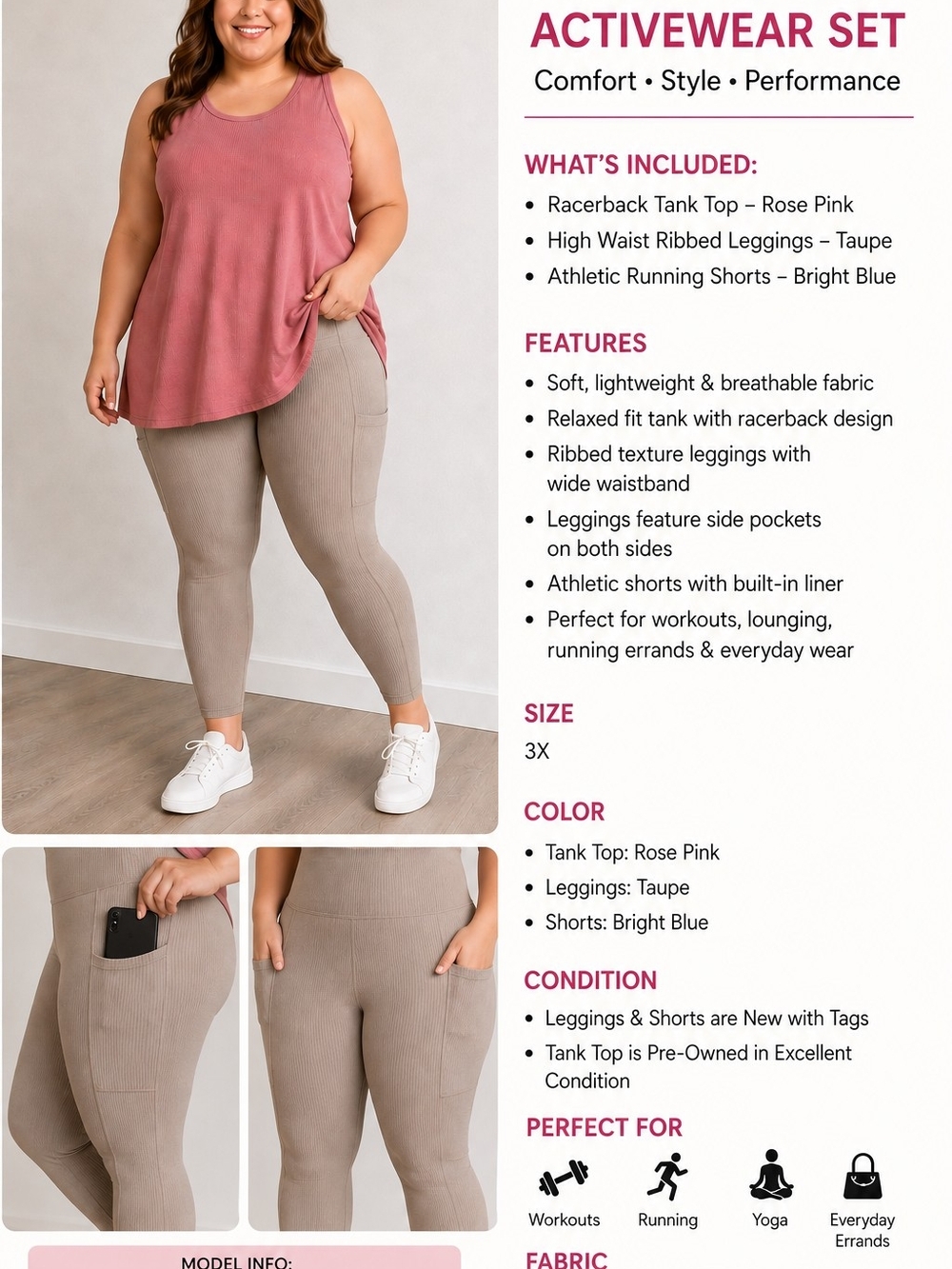 Old Navy Rose Pink Racerback Tank & Taupe High-Waist Ribbed Leggings Set